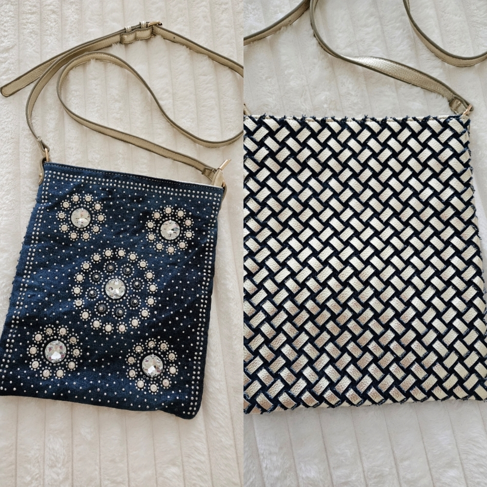 Crossbody Bag Denim with Crystals Rhinestone Studded Gold Metallic Weaving Back